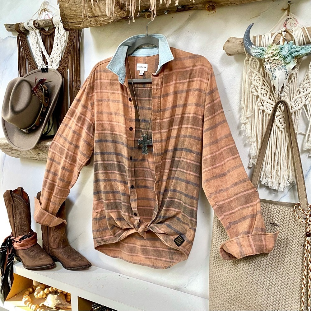 Frank & Oak denim collar rustic blush stripe buttoned down/cover up w cabin vibe